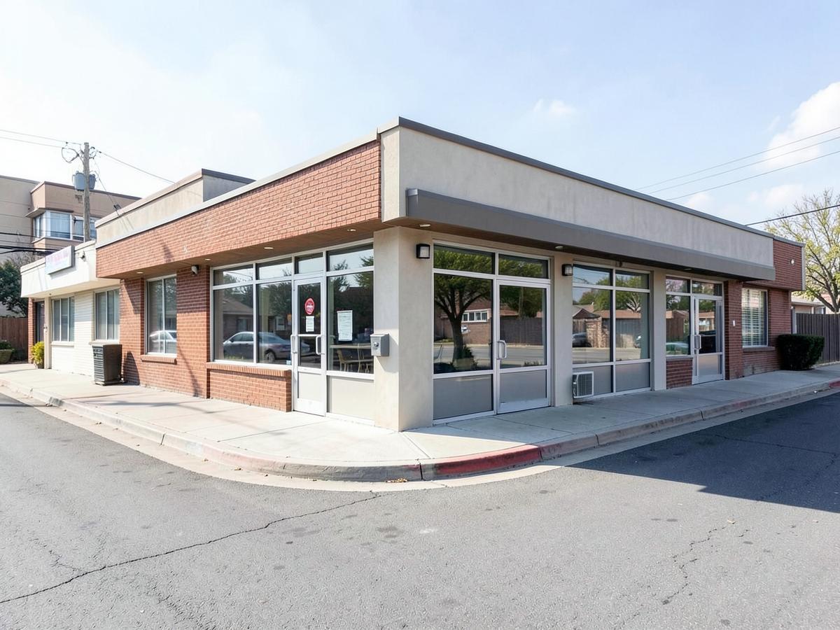 A small brick and stucco commercial building on a street corner