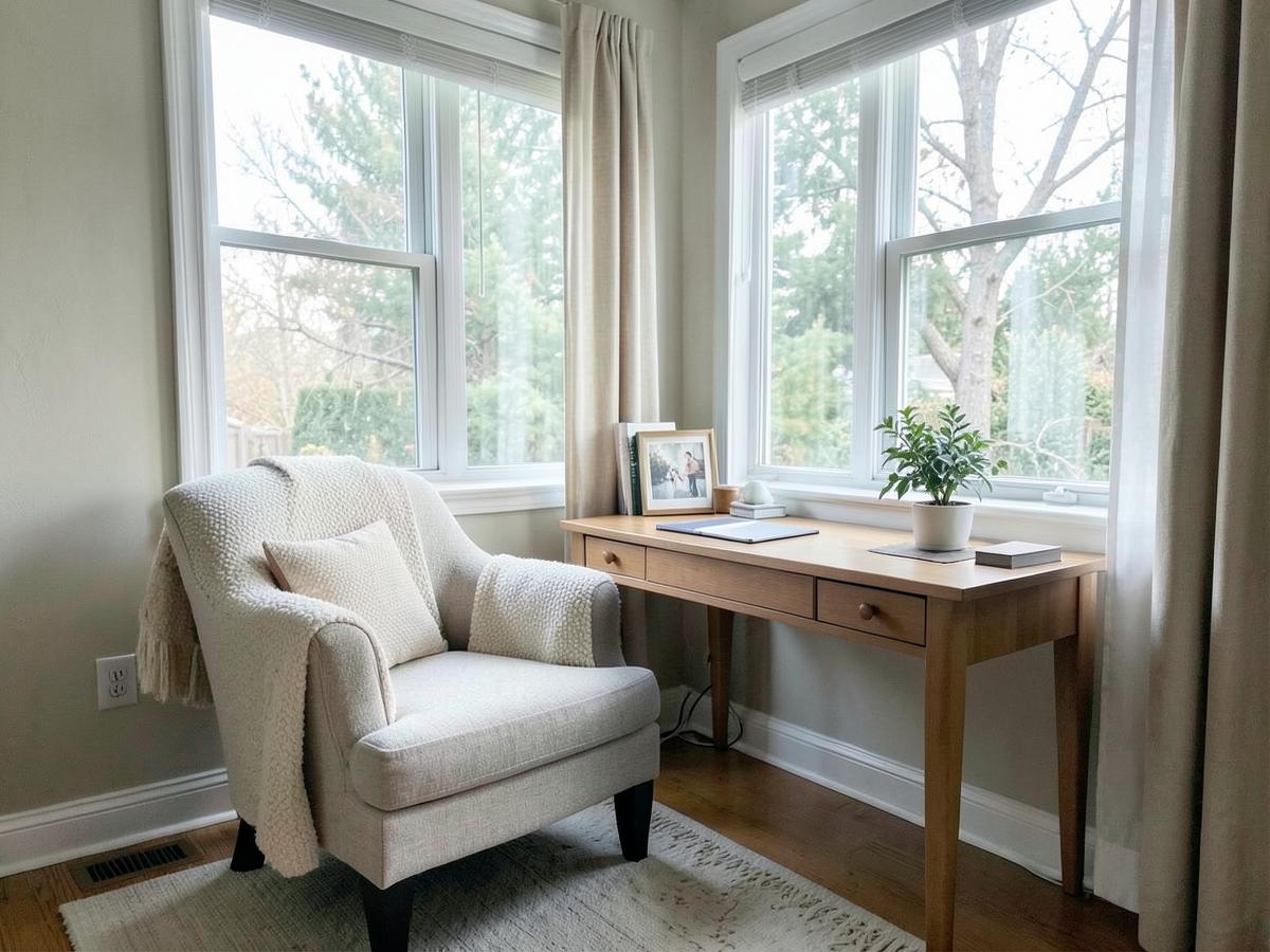 A quiet home study with an armchair, desk and plant beside two windows