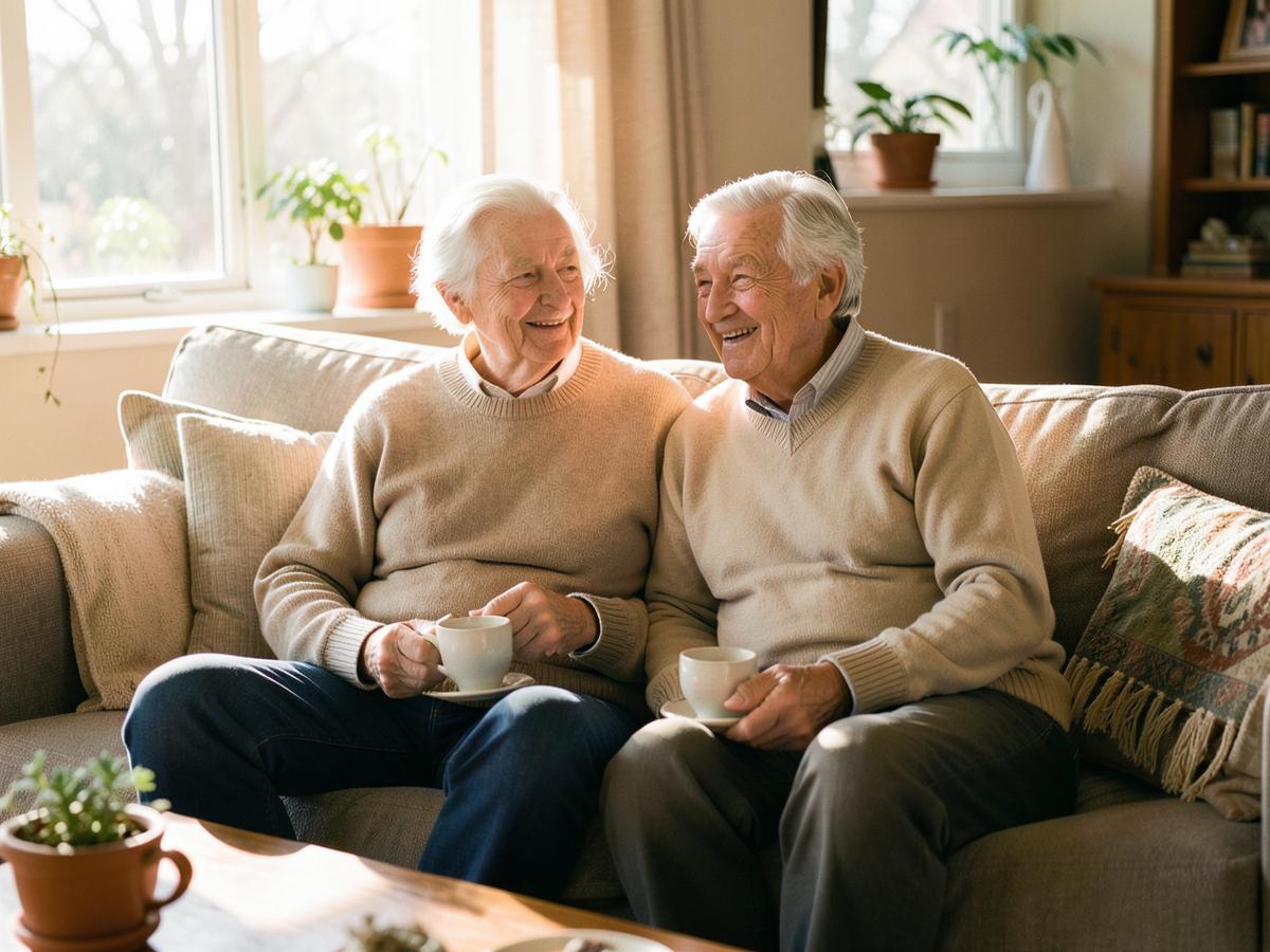 An older couple sitting together on a sofa with cups of coffee
