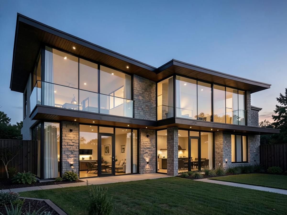 A large contemporary house with glass walls lit from inside at dusk