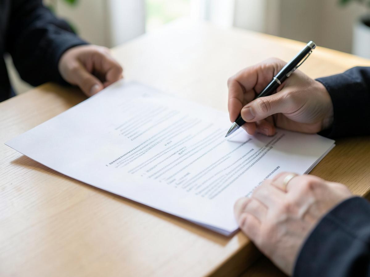 Two people reviewing printed documents at a table with a pen