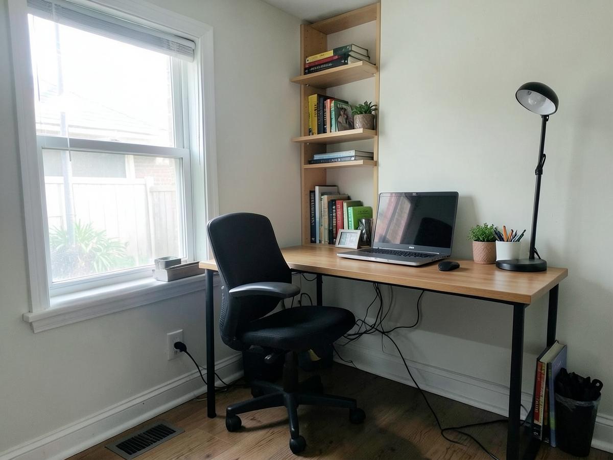 A small home office with a desk, laptop and bookshelf beside a window