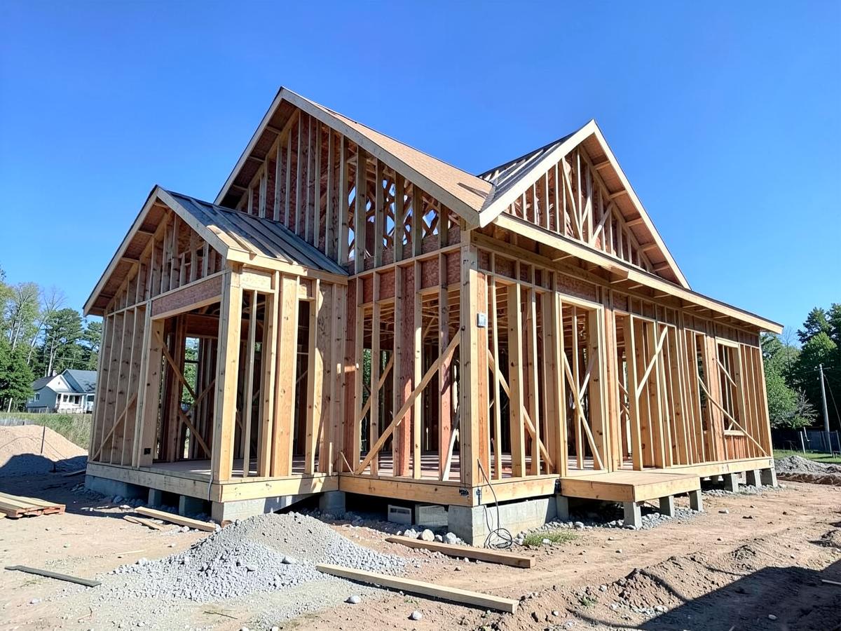 A house under construction with its wood framing exposed